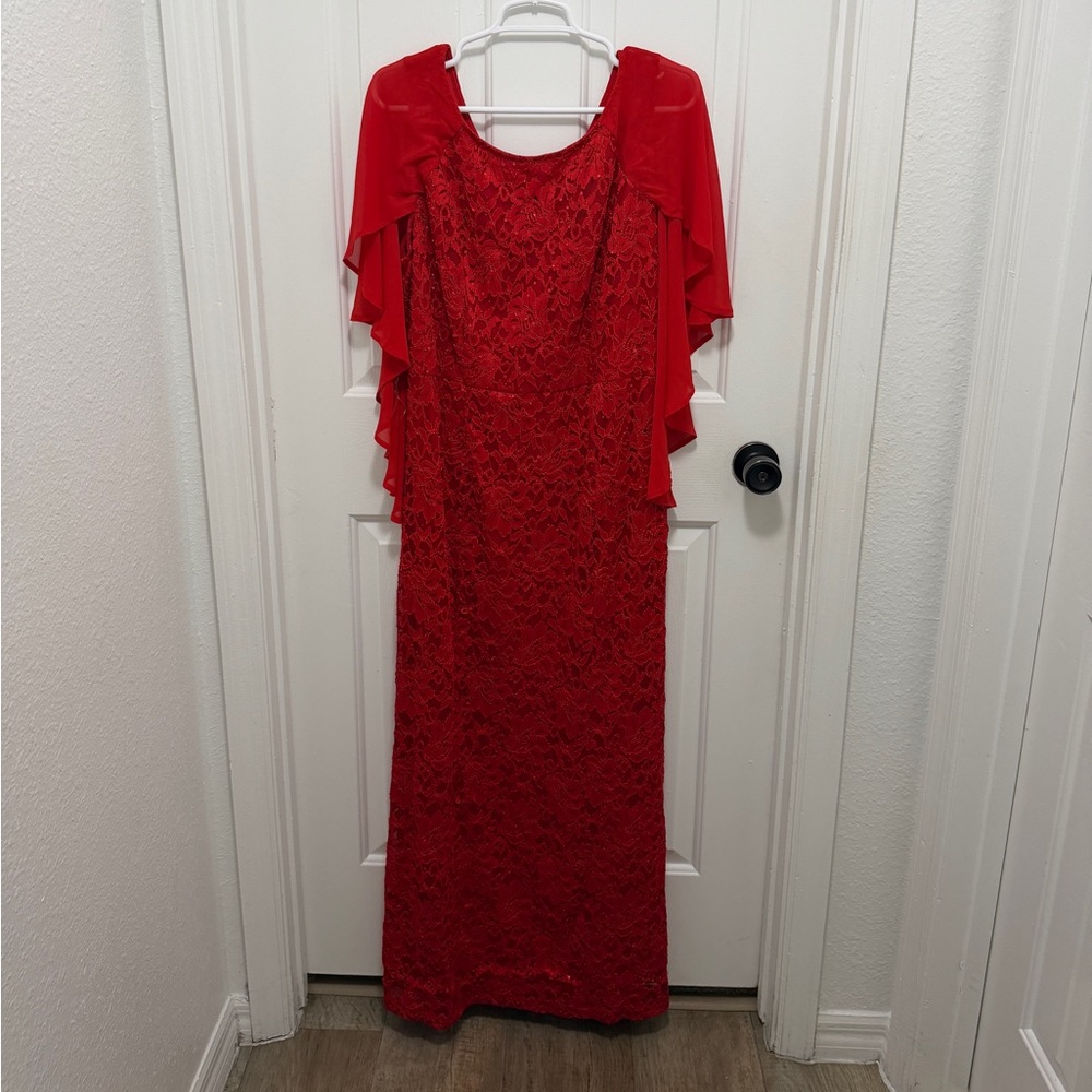 Elegant Red Lace Maxi Dress with Ruffled Sleeves